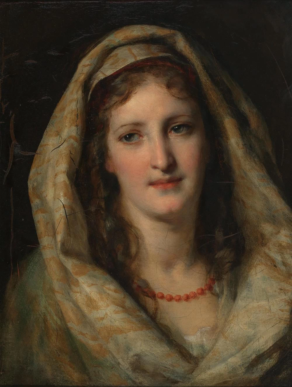 Ritratto di Emilie Amerling, nata Heinrich con scialle bianco - giallo e collana di corallo